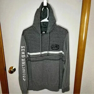 Ecko Unltd Long Sleeve Hooded Shirt Men Medium Gray Stripe Black Rhino Logo‎